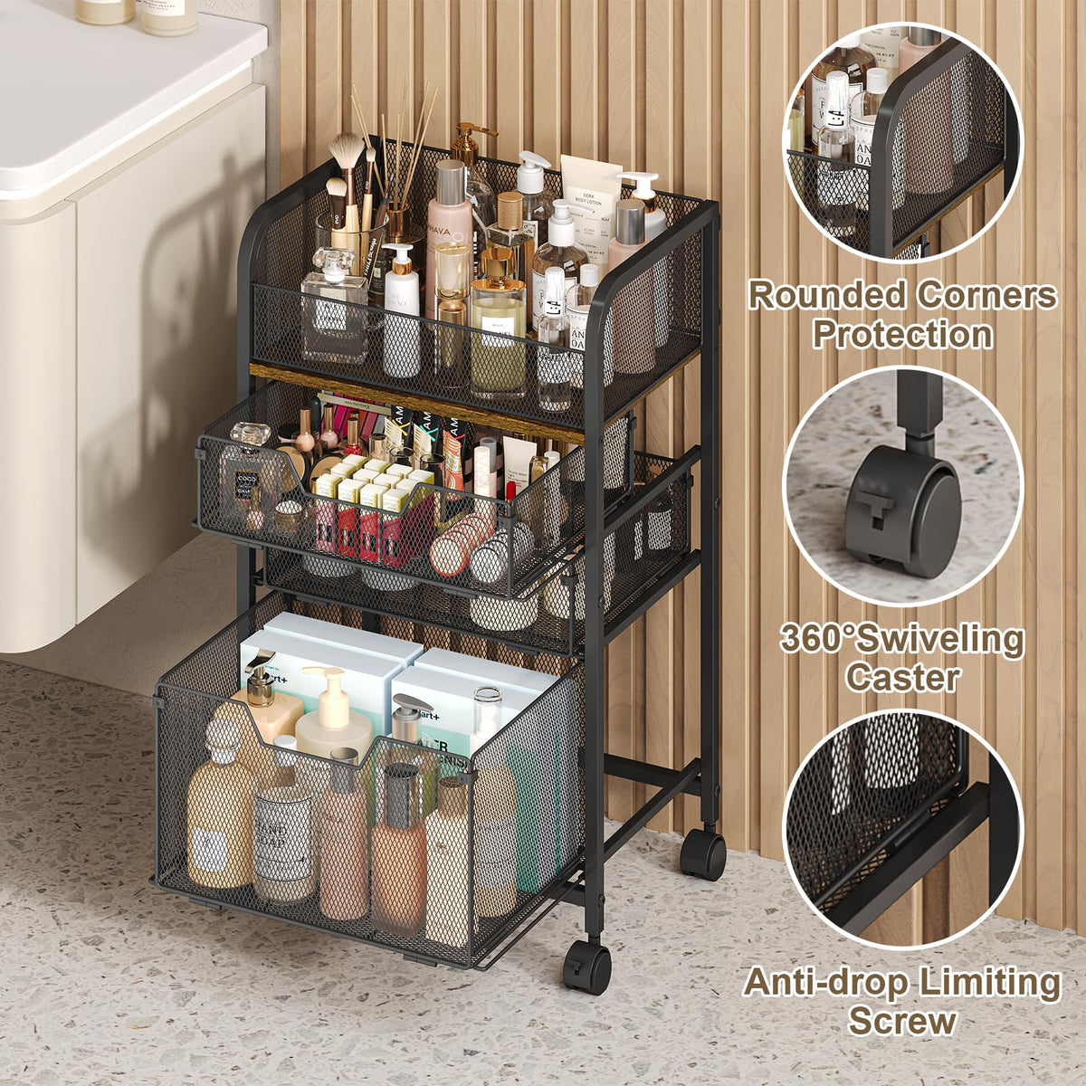 4-Tier Rolling Utility Cart with 3 Drawers T297
