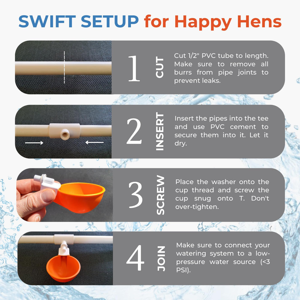 Large Automatic Chicken Waterer Cups with 1/2" PVC Tee Fittings 5-Pack Q2718