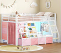 Twin Loft Bed with 7 Storage Drawers, Bookshelf, LED Lights & Guardrail, White & Pink Y90329