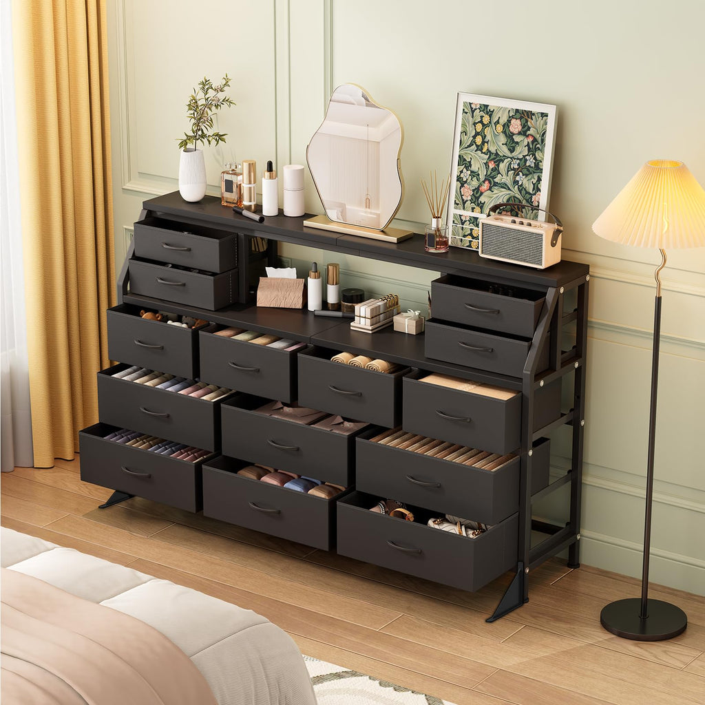 55" Black 14 Drawer Fabric Dresser with Open Shelf M112085
