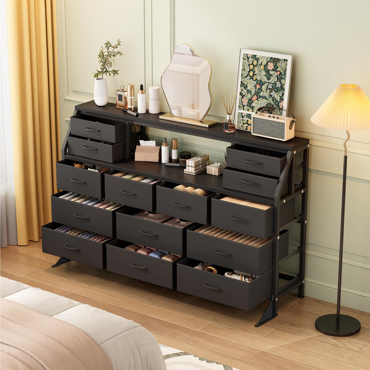 55" Black 14 Drawer Fabric Dresser with Open Shelf M112085