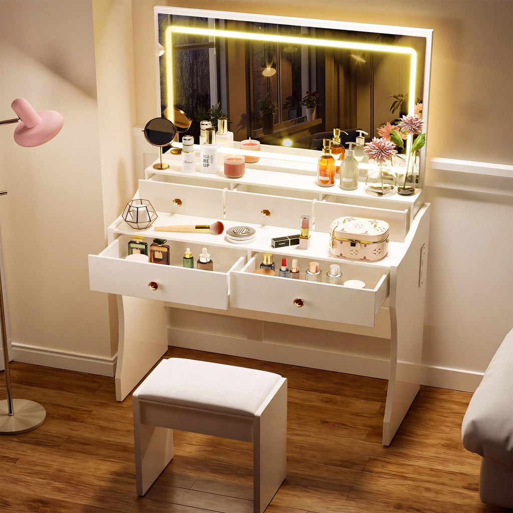 White Vanity Desk with LED Lights Mirror and 5 Drawers M4136