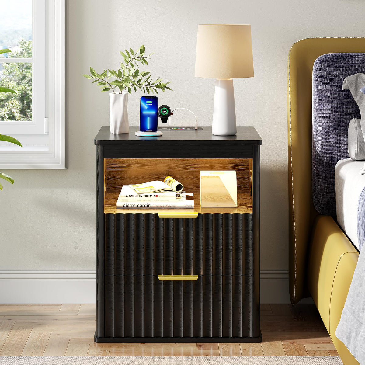 Black Smart Nightstand with Bluetooth Speaker, LED Lights, Wireless Charging, 2 Drawers & Open Shelf B366