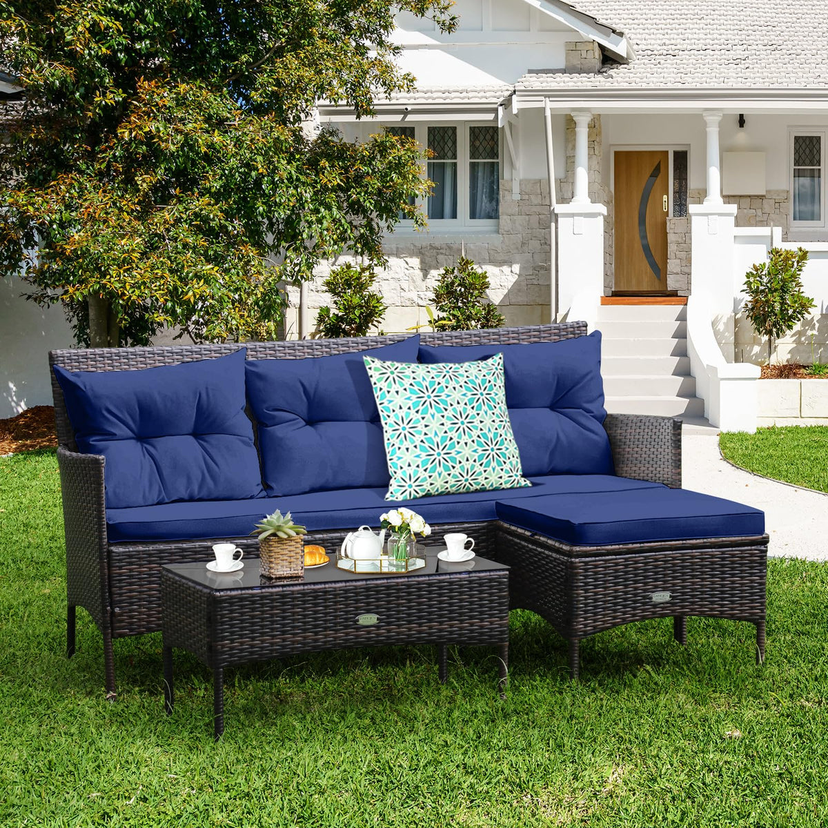 3 Pieces PE Rattan Wicker Patio Conversation Set with Cushions O699042