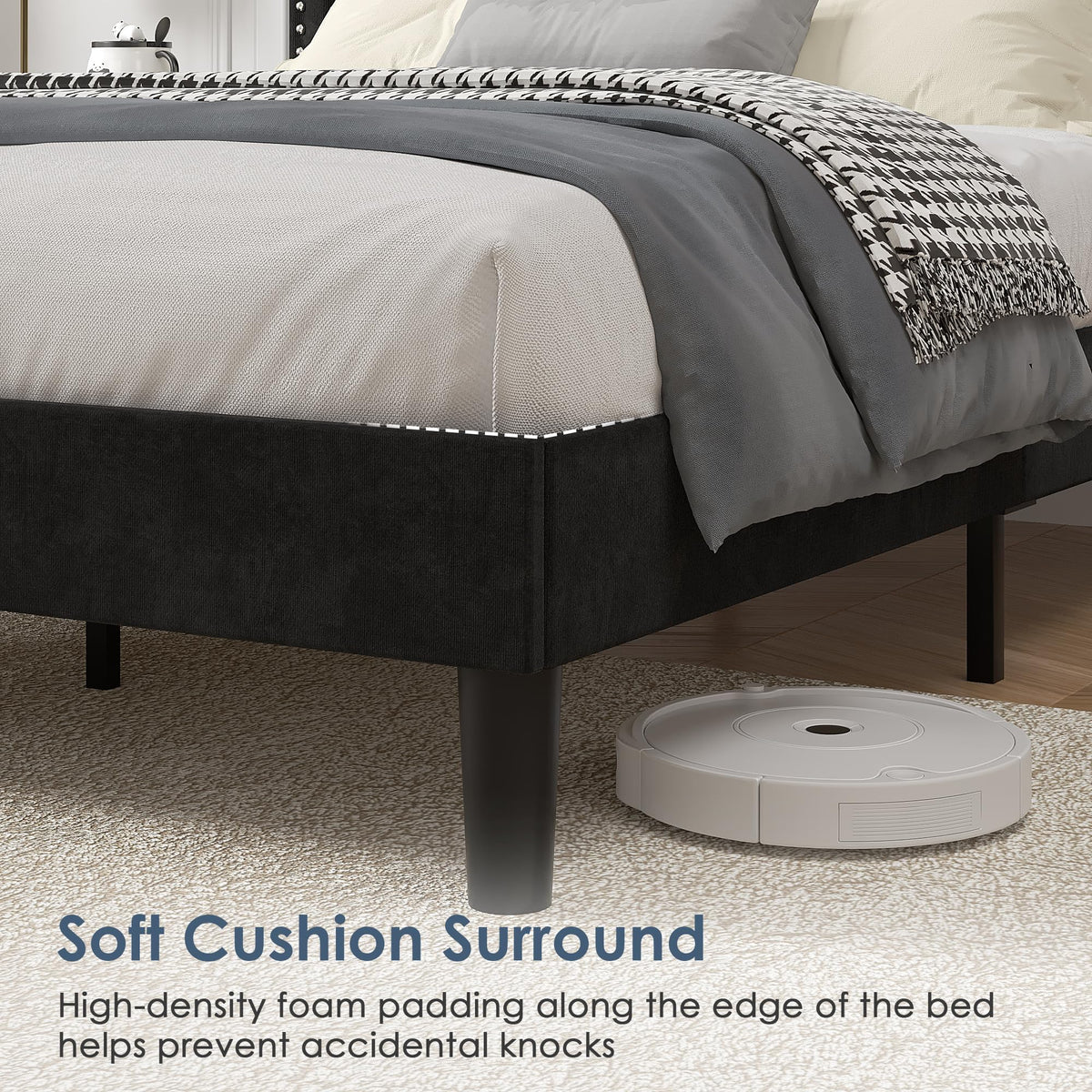 Twin Size Black Platform Bed Frame with Adjustable Upholstered Headboard D375