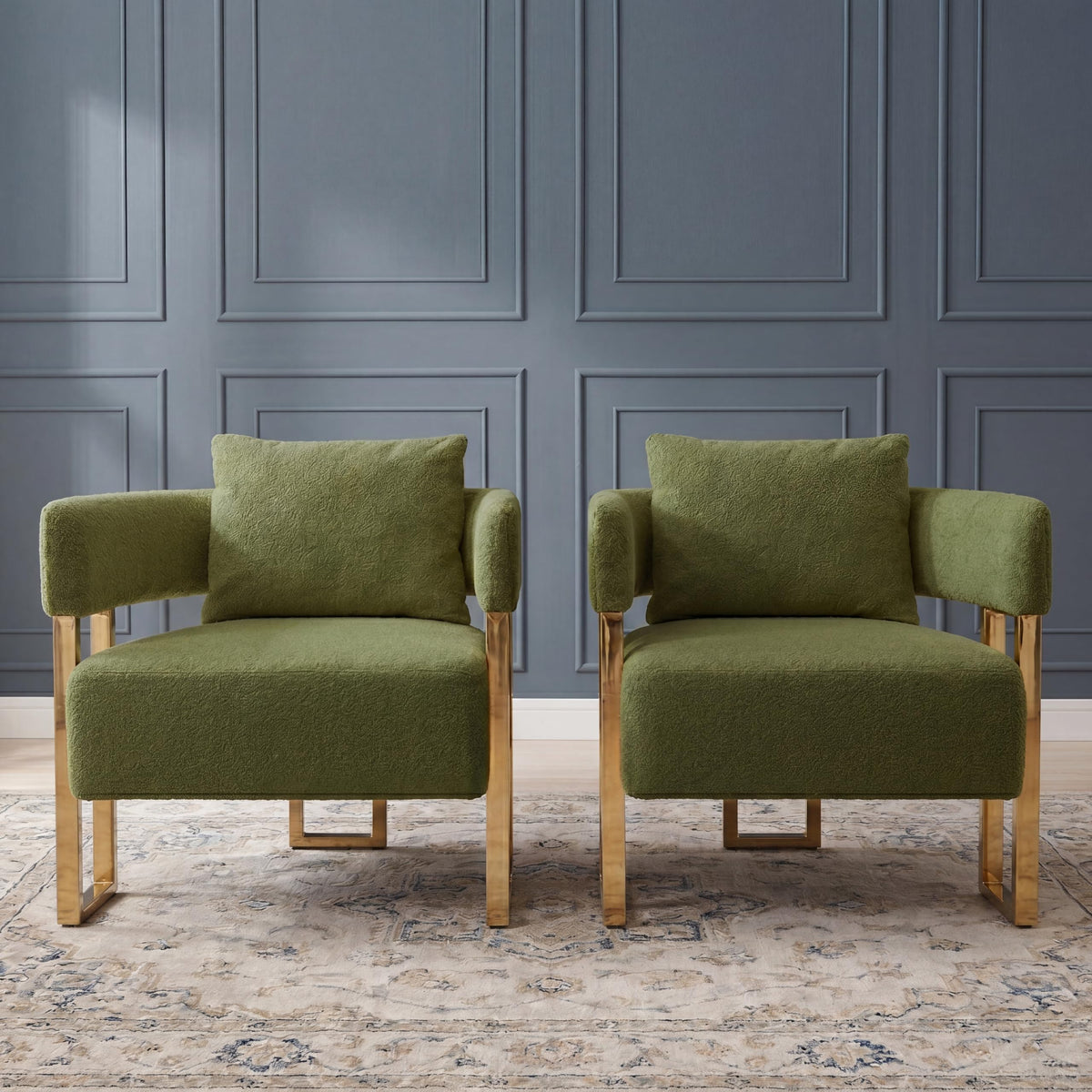 Green Teddy Upholstered Arm Chairs Set of 2 with Metal Legs R78108