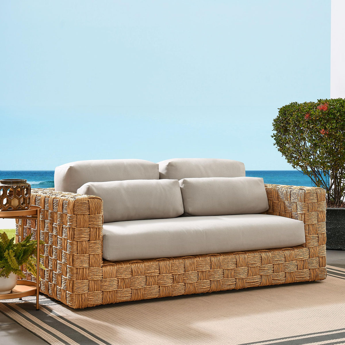 Natural Light Gray Wicker Rattan Outdoor Loveseat with Cushions N6336