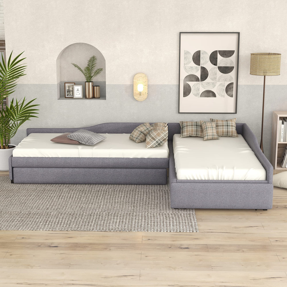 Gray Linen Upholstered Double Twin Size Daybed with Trundle and Drawer K325