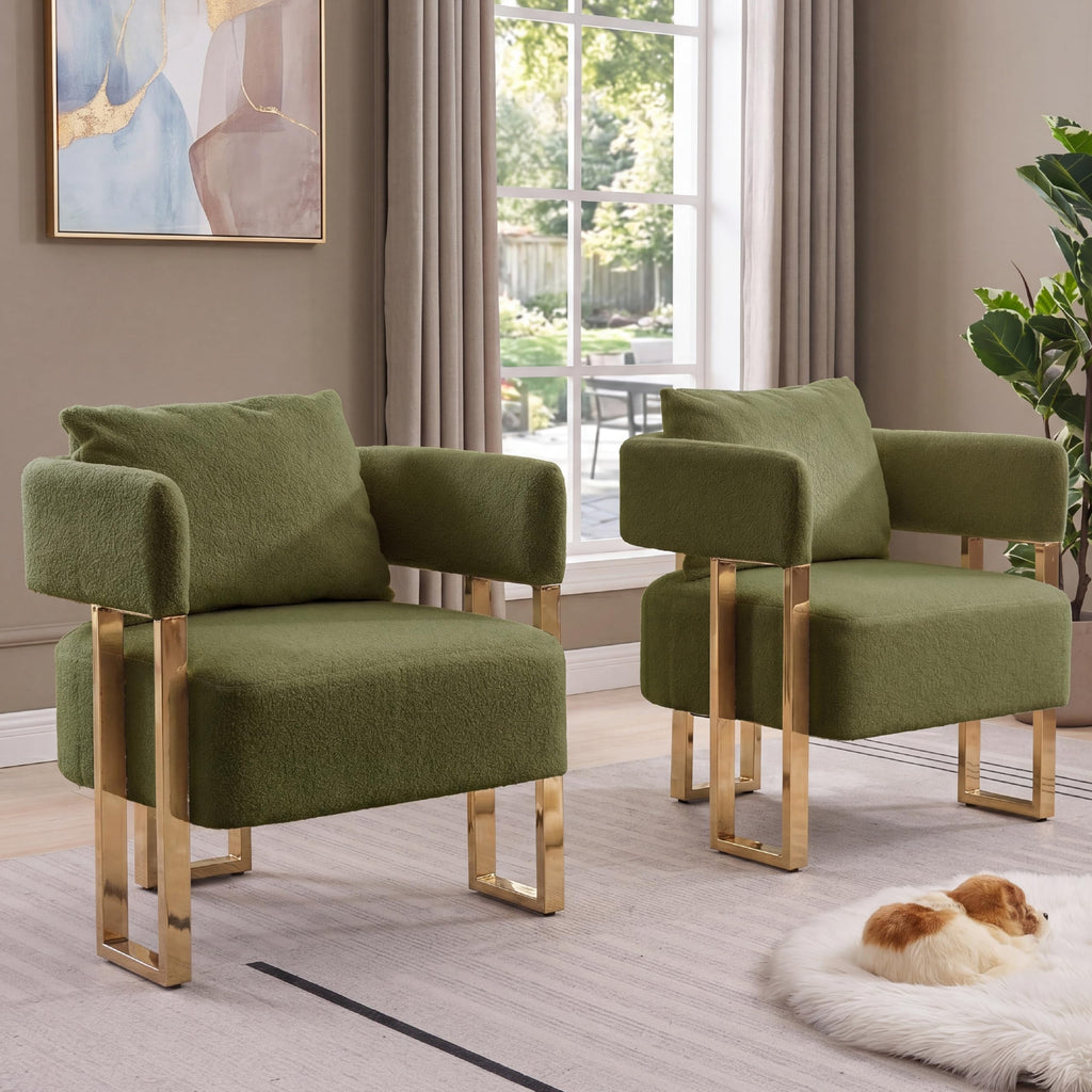 Green Teddy Upholstered Arm Chairs Set of 2 with Metal Legs R78108